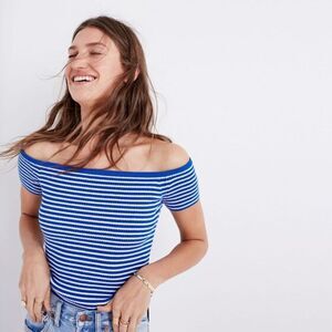 Madewell Ribbed Off-the-Shoulder Short Sleeve Stretch Knit Top in Blue Stripe L